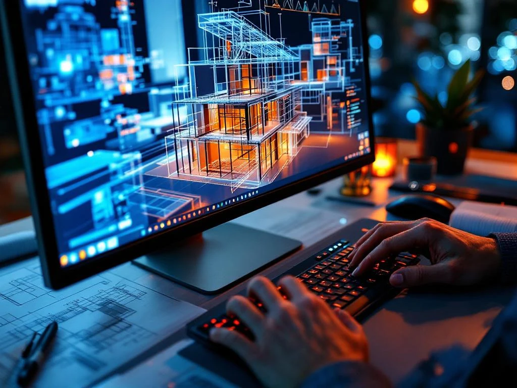 Handen werken aan gedetailleerd 3D architectuurmodel op computerscherm met blauwdrukken en professionele tekengereedschappen