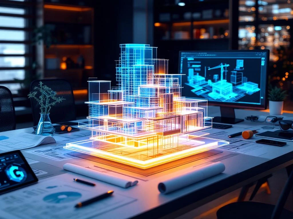Futuristische BIM-werkruimte met holografisch gebouwmodel boven bureau, digitale blauwdrukken en 3D-wireframes op schermen