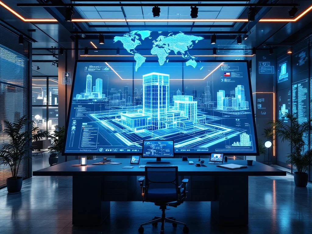 Moderne architectuurwerkplek met groot scherm dat 3D BIM-gebouwmodel toont, omringd door internationale vlaggen en monitors
