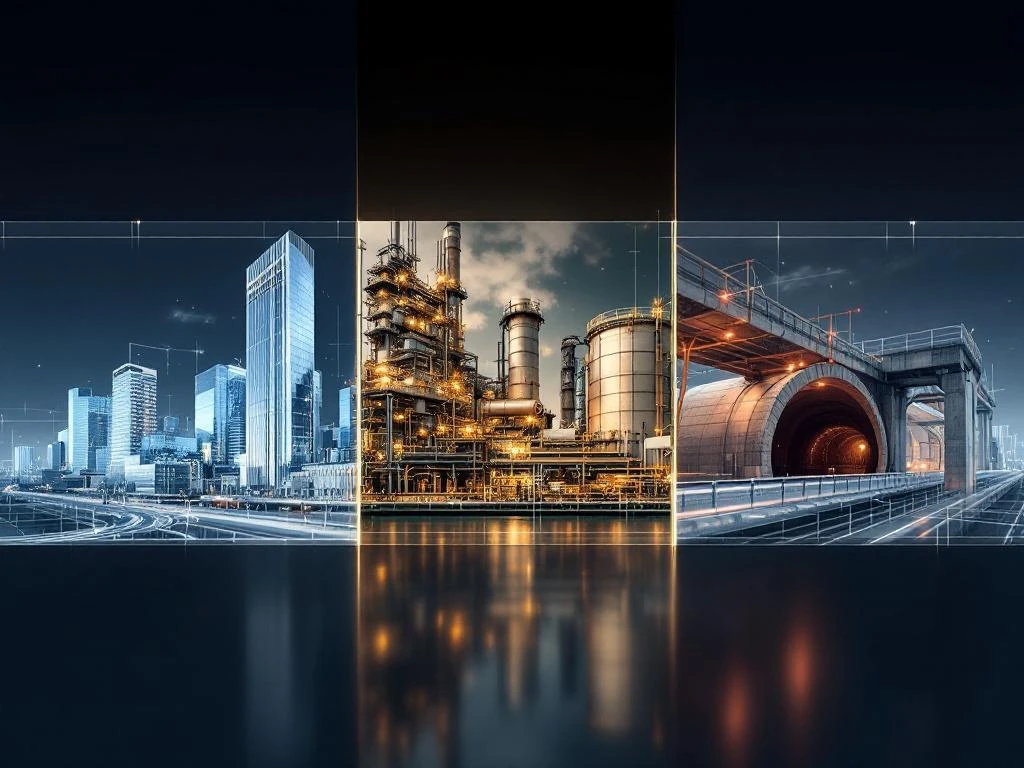 BIM-modellering sectoren: moderne wolkenkrabber, industriële faciliteit en infrastructuur bruggen met digitale wireframes