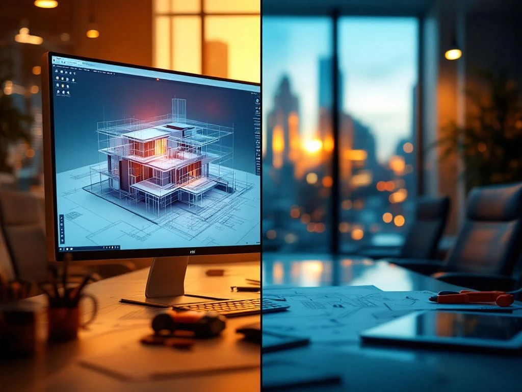 BIM-software interface toont 3D architectuurmodel naast modern kantoor met ergonomische stoelen en glazen tafels