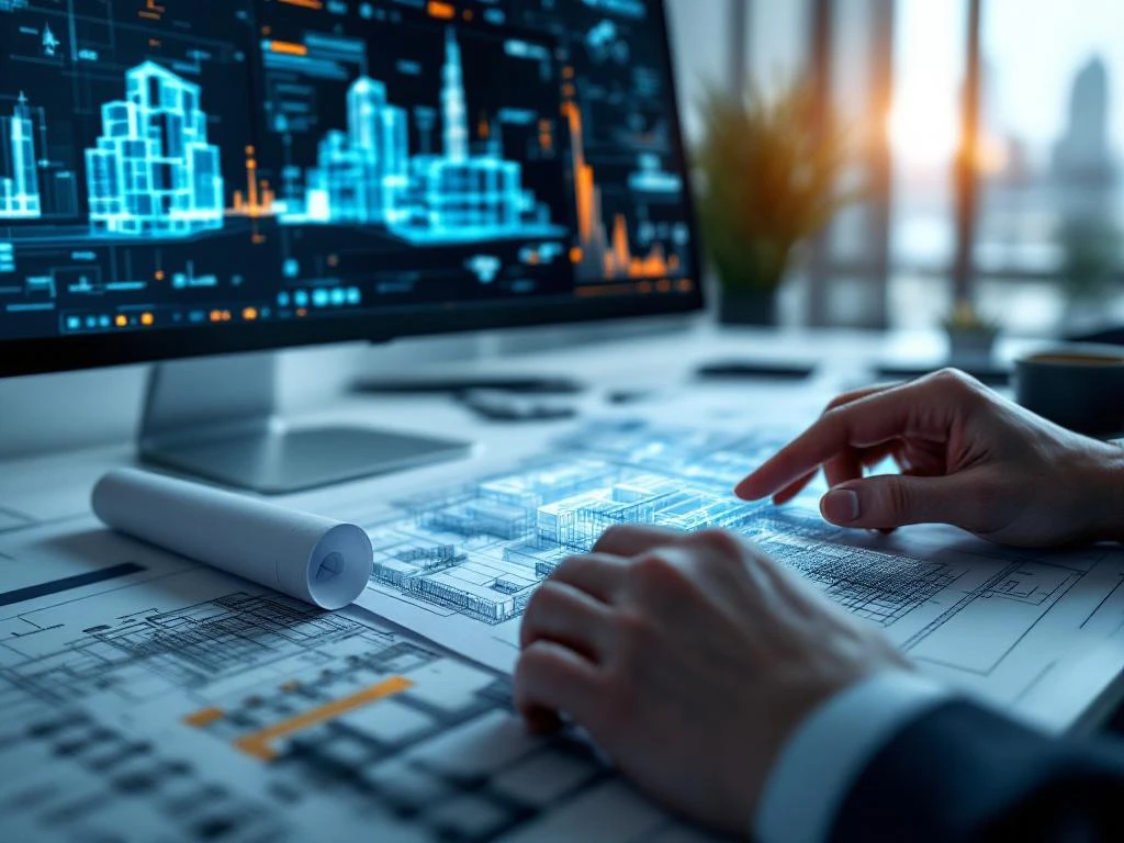 Handen werken aan 3D architectuurmodel op computer met BIM-software en blauwdrukken op bureau