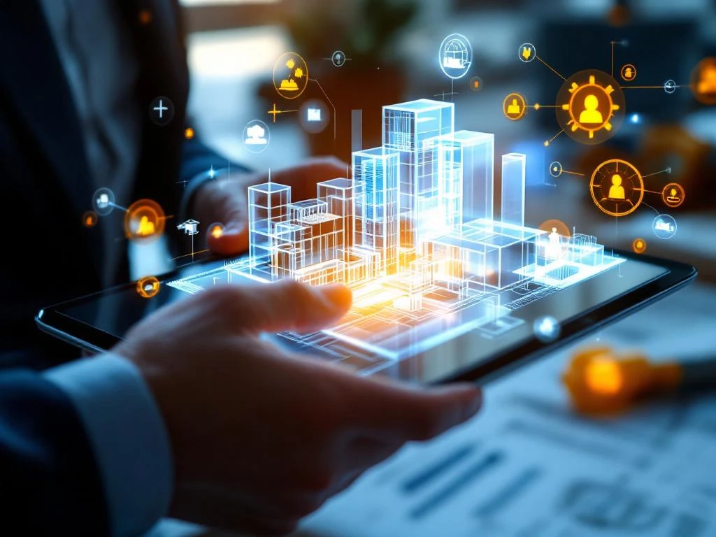 Handen manipuleren 3D architectuurmodel op tablet met holografische BIM-software interface en blauwpaarse kleuren