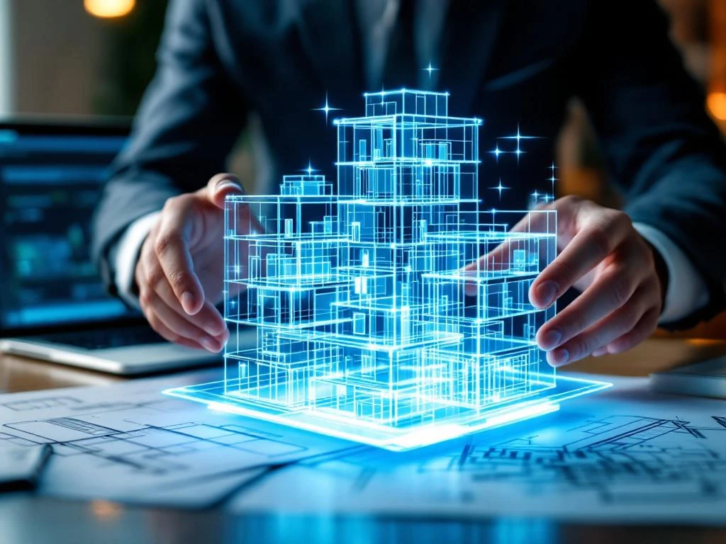 Handen manipuleren gloeiend 3D gebouwmodel met digitale wireframes op bureau met blauwdrukken en BIM software