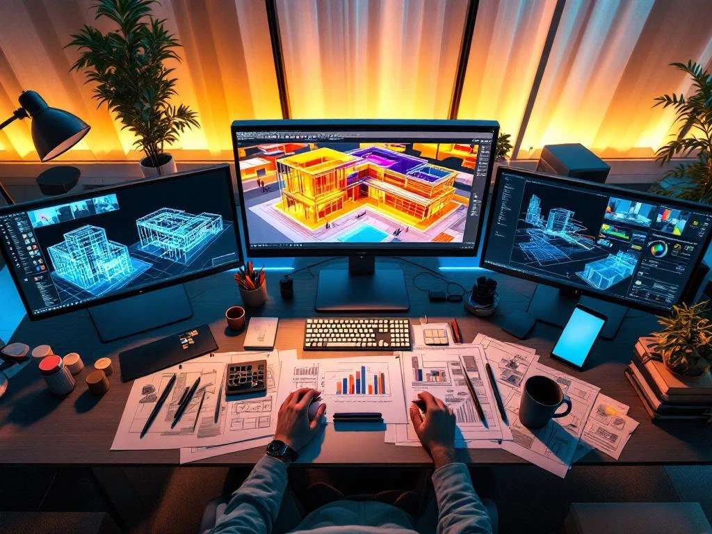 Architect's werkplek met meerdere schermen met 3D gebouwmodellen, BIM-software en technische tekeningen op modern bureau