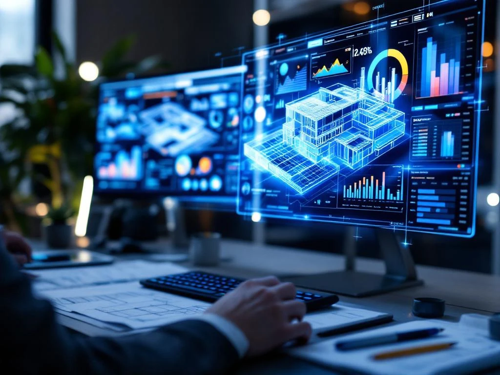 Moderne computerworkstation met 3D architecturale blauwdrukken en BIM-software op meerdere monitoren met holografisch dashboard