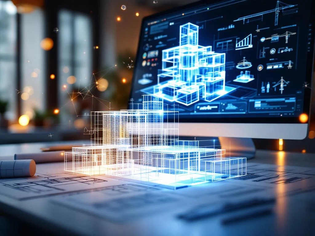 3D architectuurmodel op computermonitor met BIM-software, blauwprints en technische tekeningen op bureau in modern kantoor