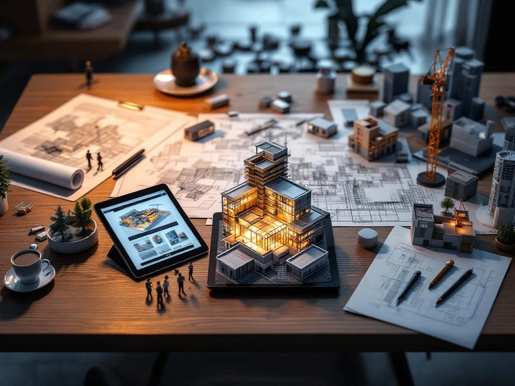 Luchtfoto van moderne werkplek met 3D-bouwmodellen, blauwdrukken en tablets met BIM-software op houten bureau