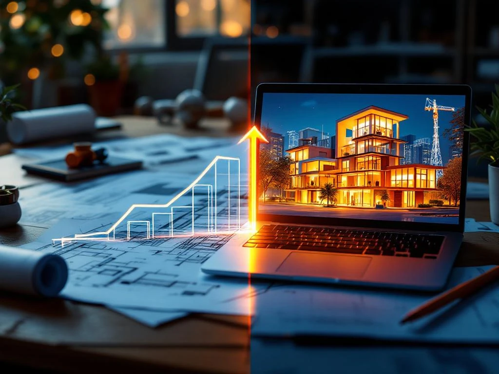 Gesplitst scherm toont evolutie van bouwontwerp: traditionele 2D blauwdrukken links, moderne 3D BIM-model op laptop rechts