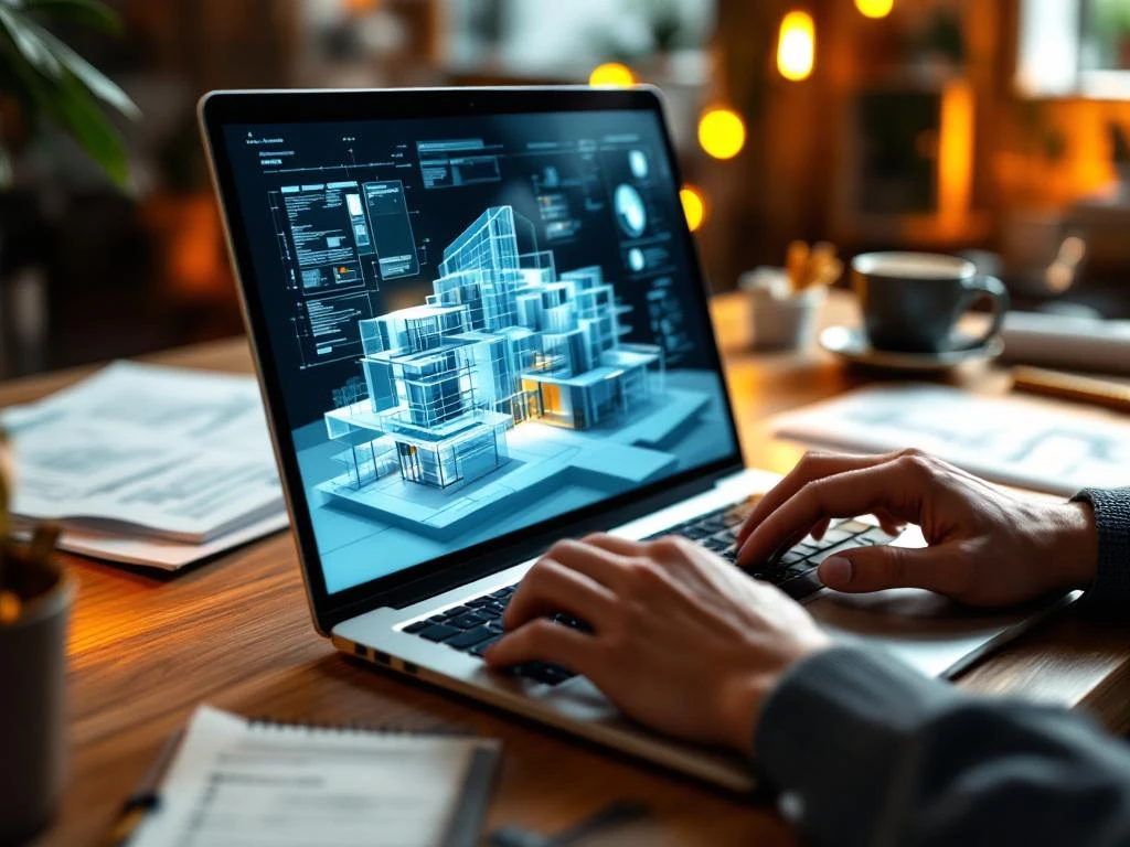 Handen typen op laptop met 3D architectuurmodel en BIM-tekeningen op scherm, CV-documenten op bureau, kantooromgeving