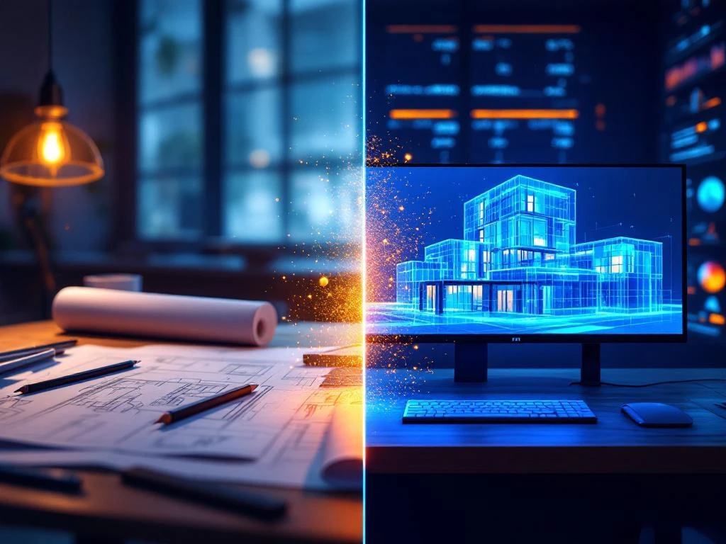 Vergelijking van traditionele blauwdrukken op houten tafel en moderne 3D BIM-software op meerdere monitoren