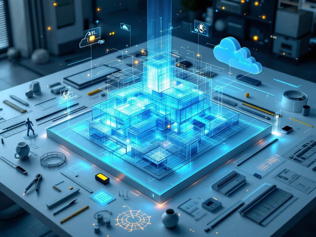 Moderne architectuurwerkruimte met glazen gebouwmodel, holografische BIM-data en 3D-modelleringssoftware interfaces