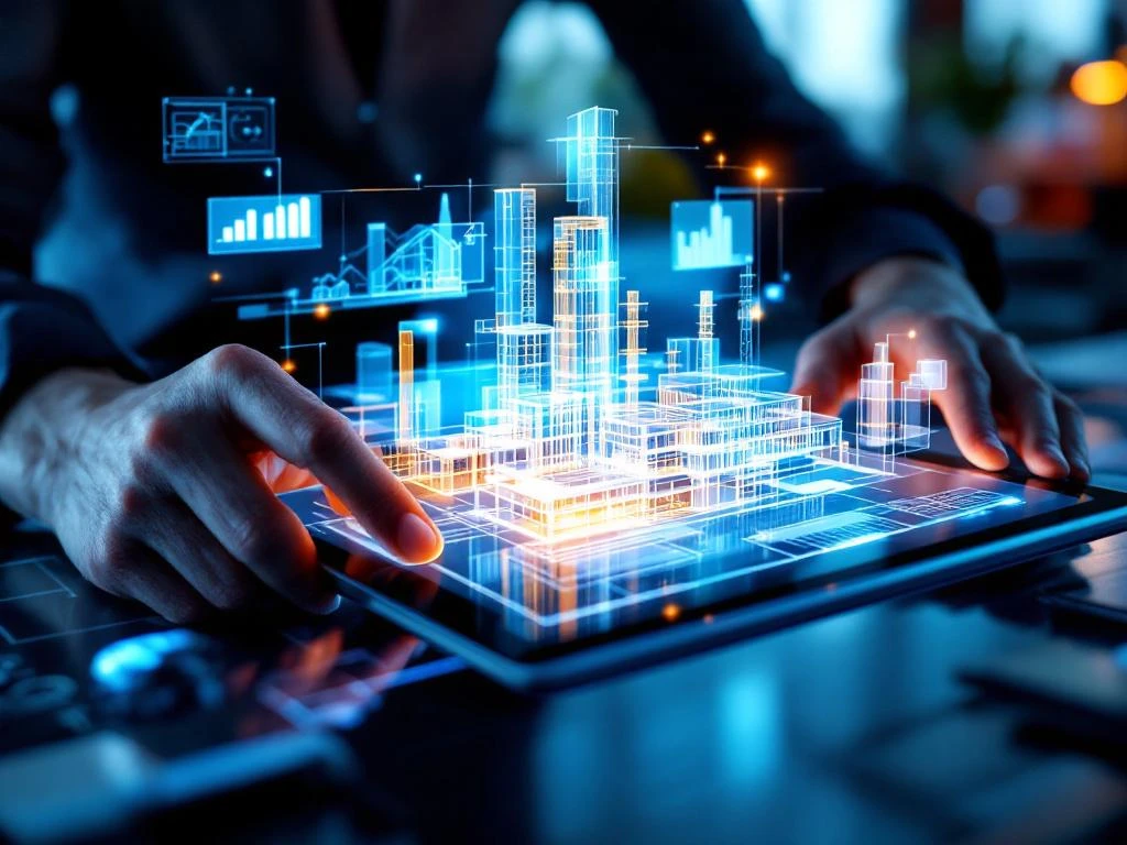 Handen manipuleren 3D architectuurmodel op tablet met holografische BIM-tekeningen in moderne kantooromgeving