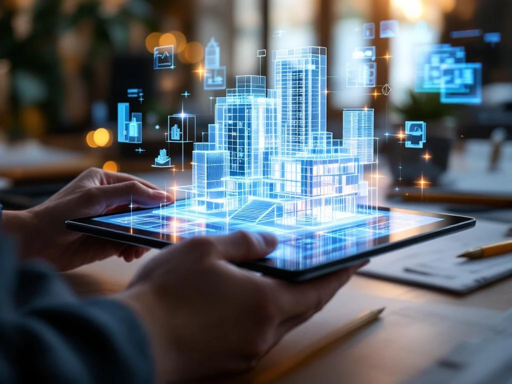Handen manipuleren holografisch 3D-gebouwmodel boven tablet met BIM-technologie en architecturale wireframe-elementen