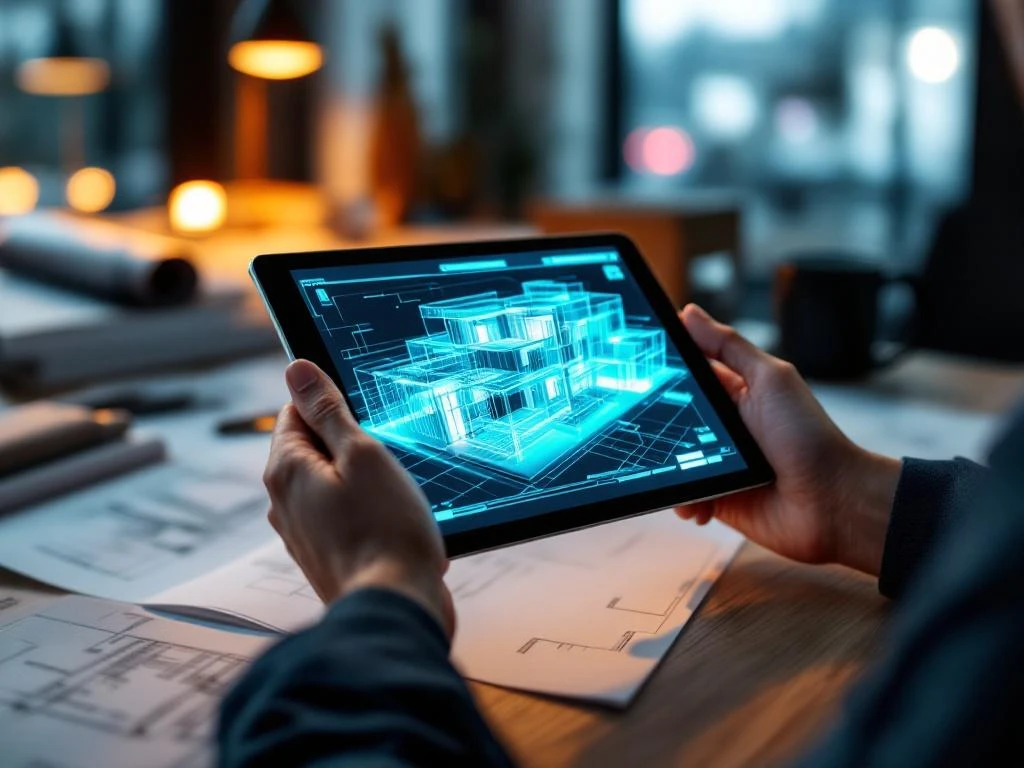 Handen houden tablet met 3D gebouwmodel en blauwe wireframe op bureau met architecturale blauwdrukken in modern kantoor