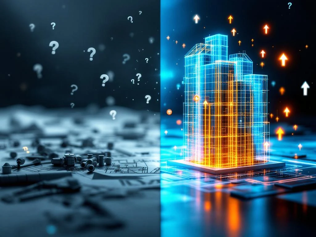 Split-screen BIM carrièretransformatie: van onzekerheid met software iconen naar expertise met 3D gebouwmodel en vaardigheidsbadges