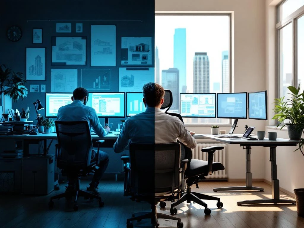 Split-screen vergelijking van slechte versus goede BIM werkplek ergonomie met bureauopstelling en beeldschermen