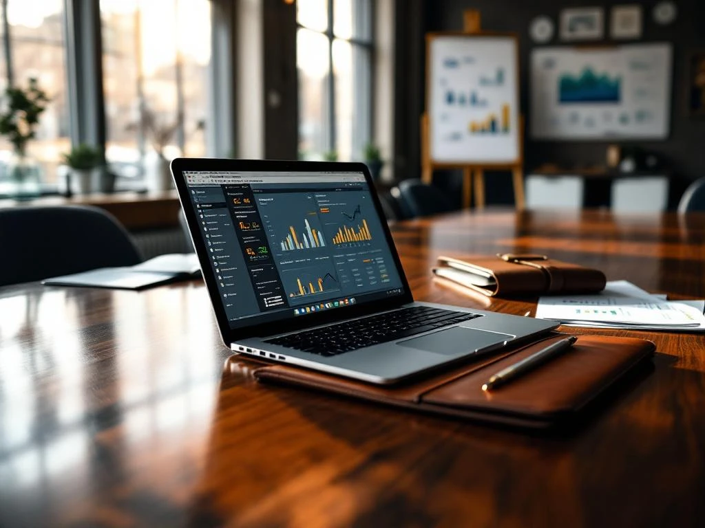 Bestuurskamer met mahonie vergadertafel, laptop met financiële grafieken, leren portfolio en documenten in professioneel kantoor