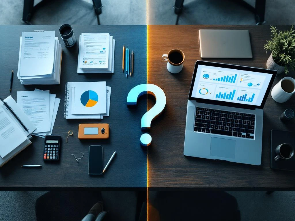 Gesplitst kantoorbureau toont boekhoudingsdocumenten links en financiële dashboards op laptop rechts met vraagteken