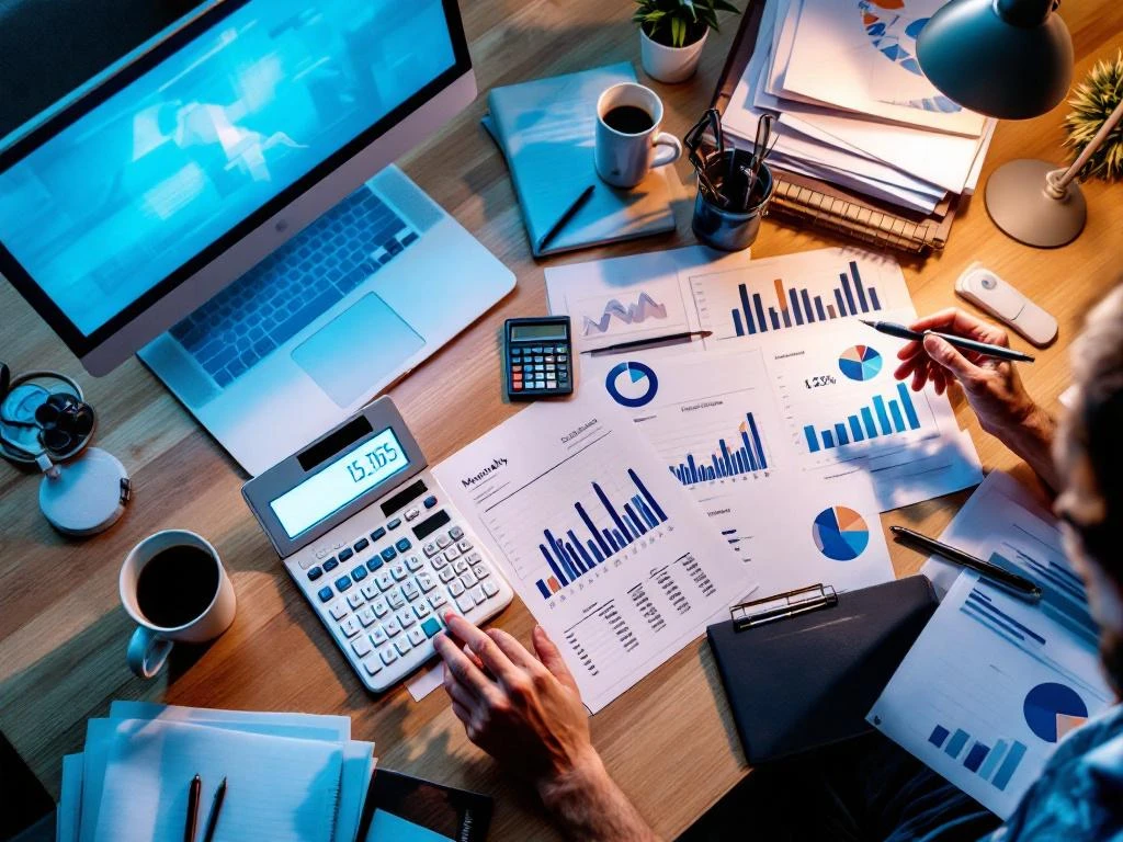 Bovenaanzicht van modern bureau met financiële documenten, calculator, laptop met spreadsheets en koffie tijdens maandafsluiting