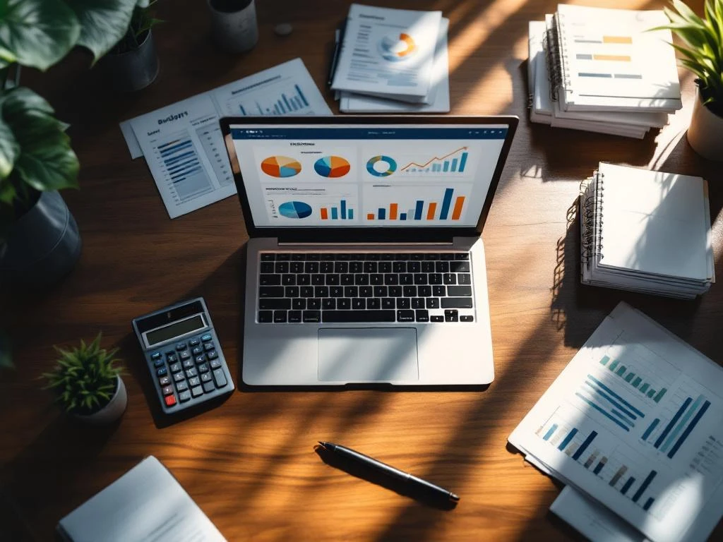 Laptop met financiële spreadsheets en grafieken op modern bureau met calculator, documenten en budgetmappen