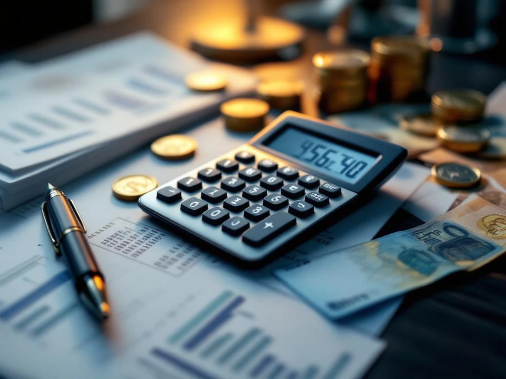 Calculator met euro bedragen omringd door financiële documenten, munten en bankbiljetten op donker houten bureau