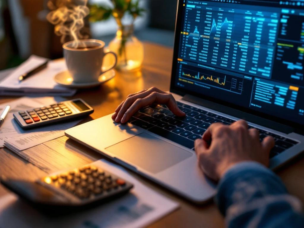 Handen typen op laptop met Excel spreadsheet met financiële data, calculator en koffie op houten bureau