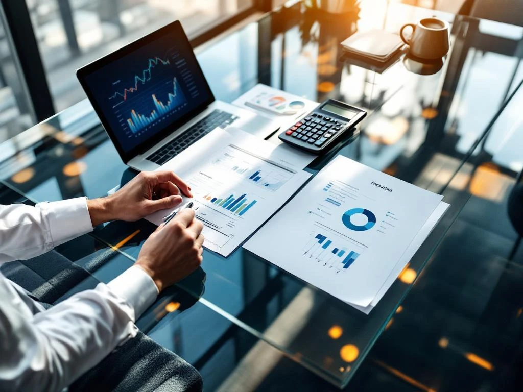 Professionele handen met pen wijzen naar financiële grafieken op moderne glazen vergadertafel met laptop en documenten