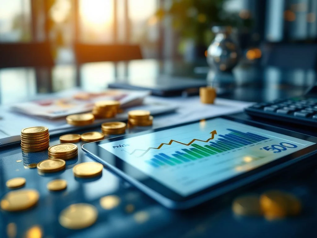 Glazen bureau met financiële documenten, rekenmachine, tablet met winstgrafieken, euromunten en bankbiljetten in modern kantoor