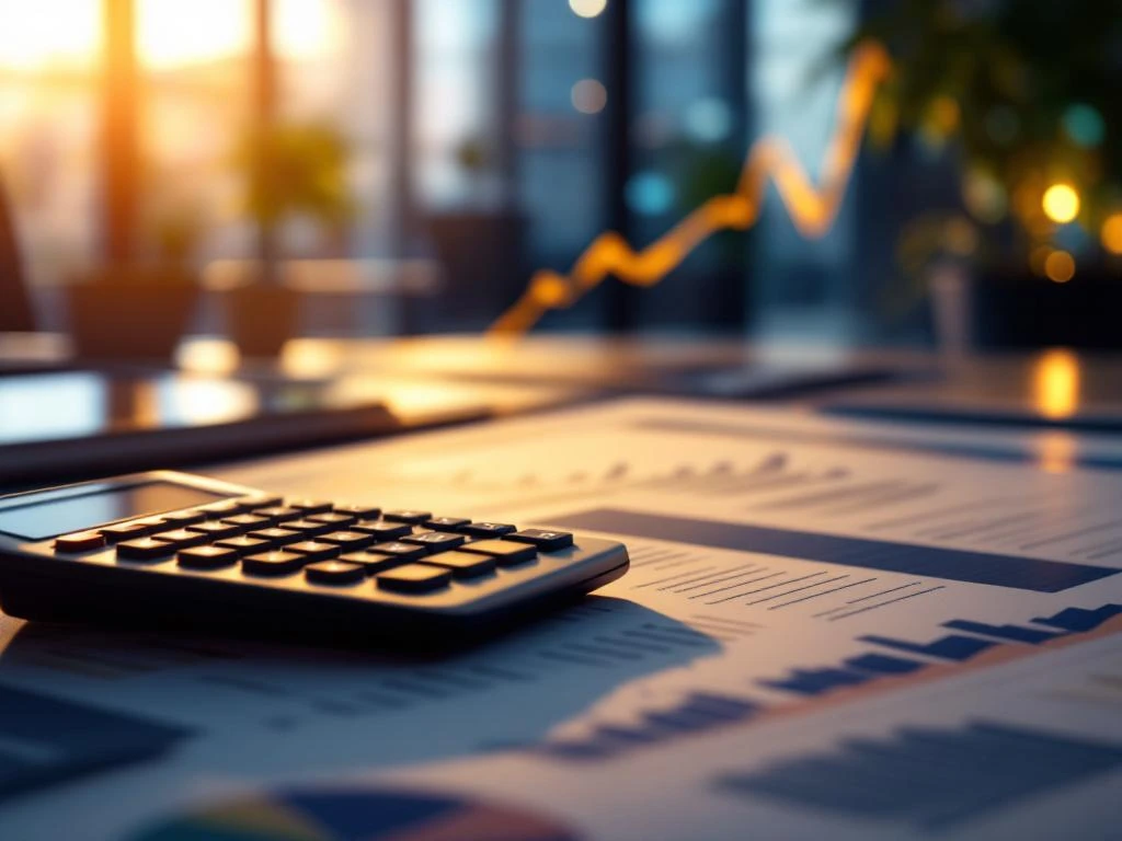 Moderne bureaurekenmachine met financiële grafieken en tablet met spreadsheetgegevens op kantoorbureau