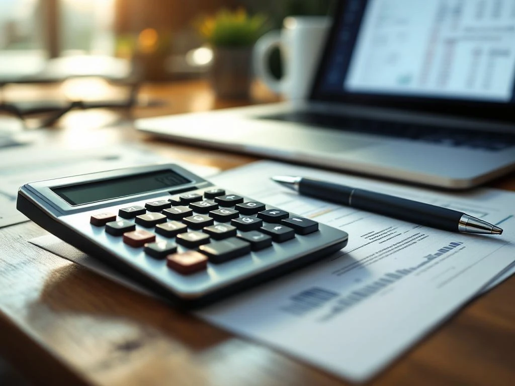Moderne rekenmachine op houten bureau met financiële documenten, pen en laptop met spreadsheet op achtergrond