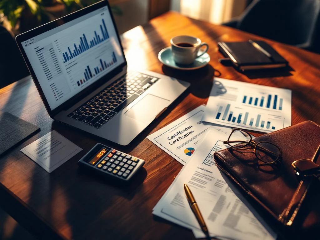 Mahonieholuten bureau met laptop met financiële spreadsheets, rekenmachine, documenten en gouden pen in kantooromgeving