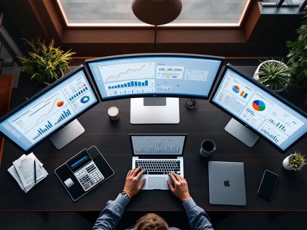 Moderne directiebureau met meerdere monitors met financiële software, spreadsheets en analytics dashboards op donker hout