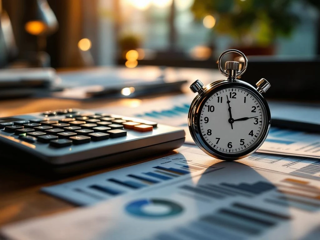 Houten bureau met rekenmachine, financiële grafieken en stopwatch in gouden licht, documenten op achtergrond