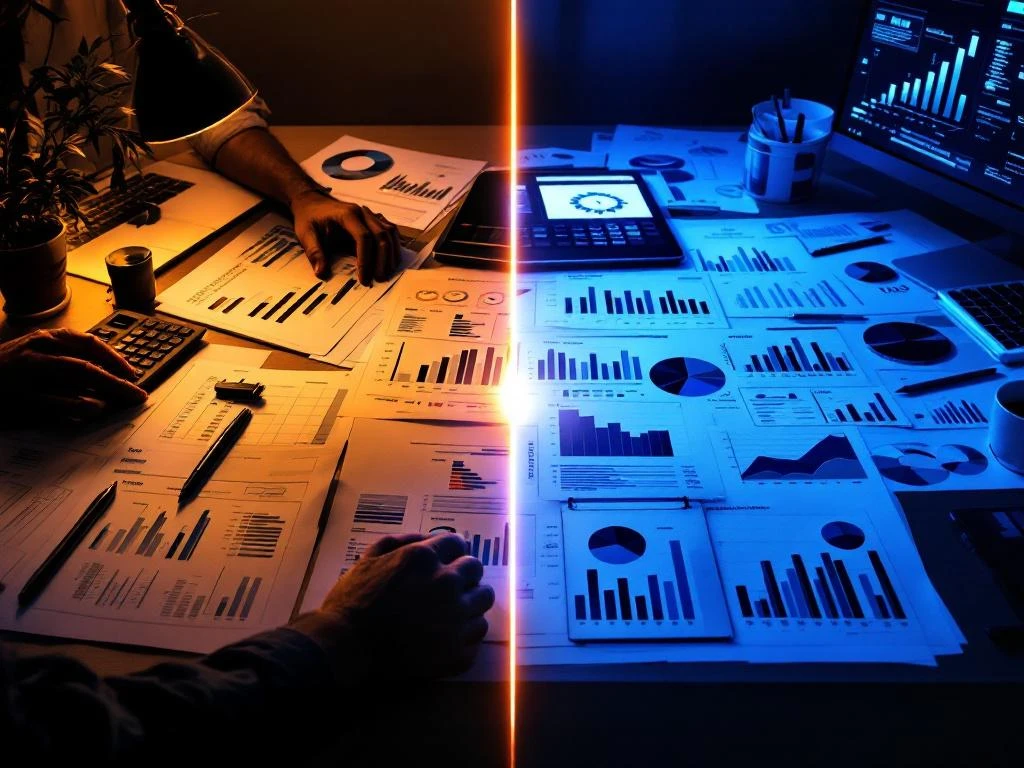 Gesplitste werkruimte toont financieel controller bureau met rapporten links, business controller met KPI dashboards rechts