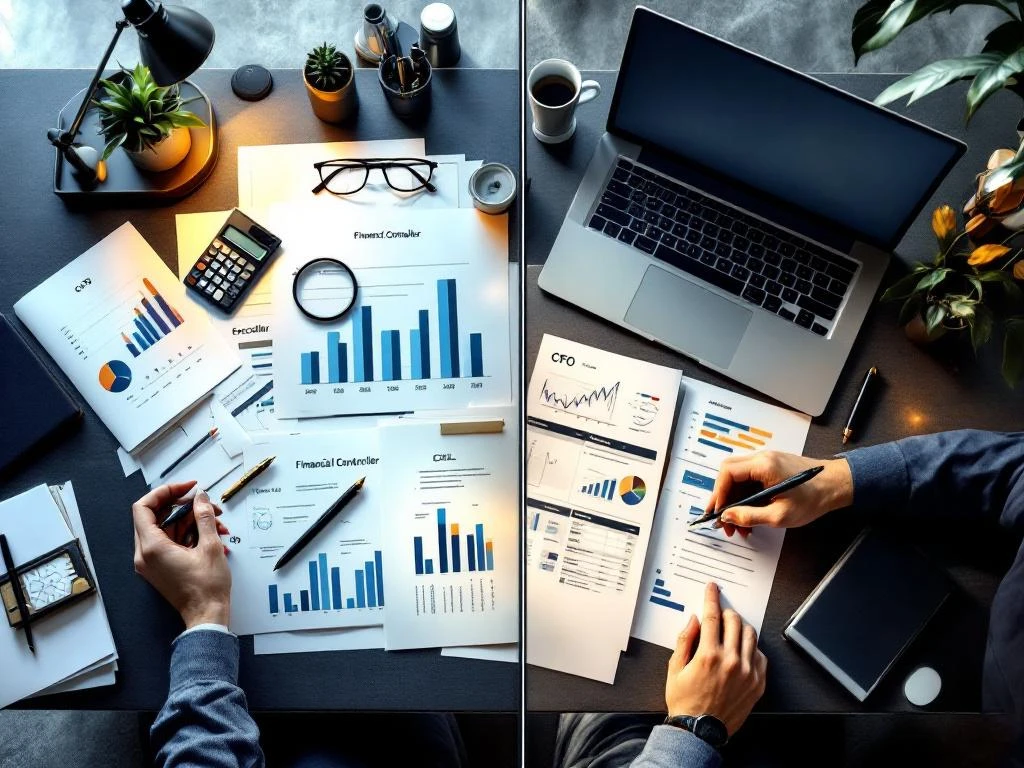 Bovenaanzicht van gesplitst bureau met financiële documenten en calculator links, executive laptop en pen rechts