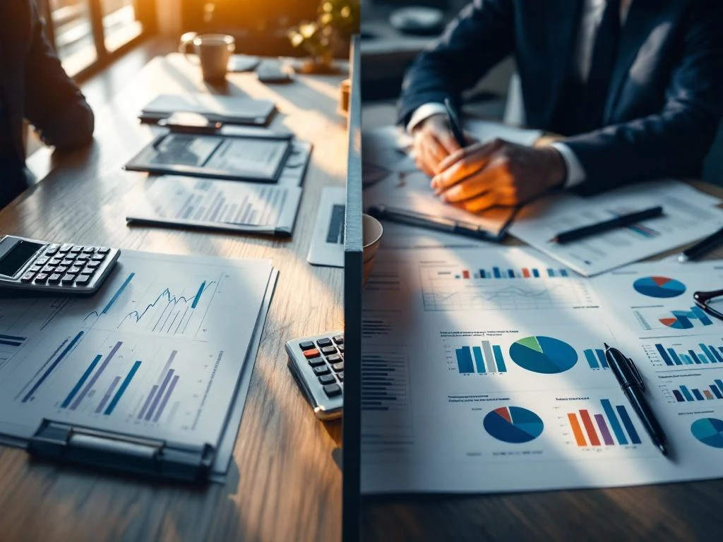 Vergelijking van twee professionele werkruimtes: financiële controller werkplek links, management accounting rechts