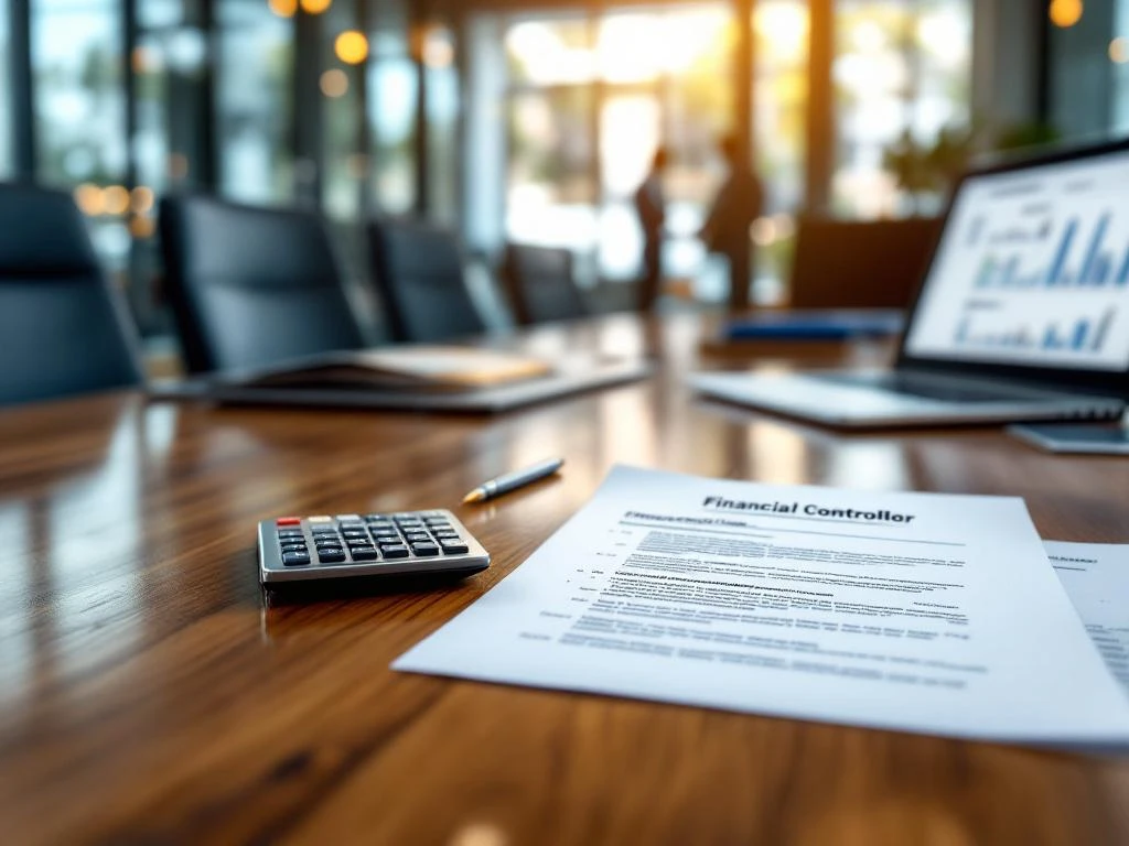 Financiële documenten en laptop op houten vergadertafel met Financial Controller vacature op voorgrond in modern kantoor