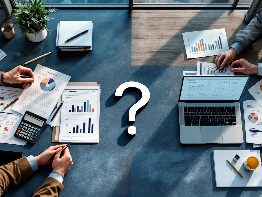 Vergelijking van twee werkplekken: eenvoudig bureau van finance manager links, complex bureau van financial controller rechts