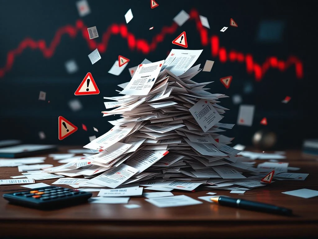 Instortend kaartenhuis van financiële documenten op bureau met rode waarschuwingssymbolen en dalende grafieken