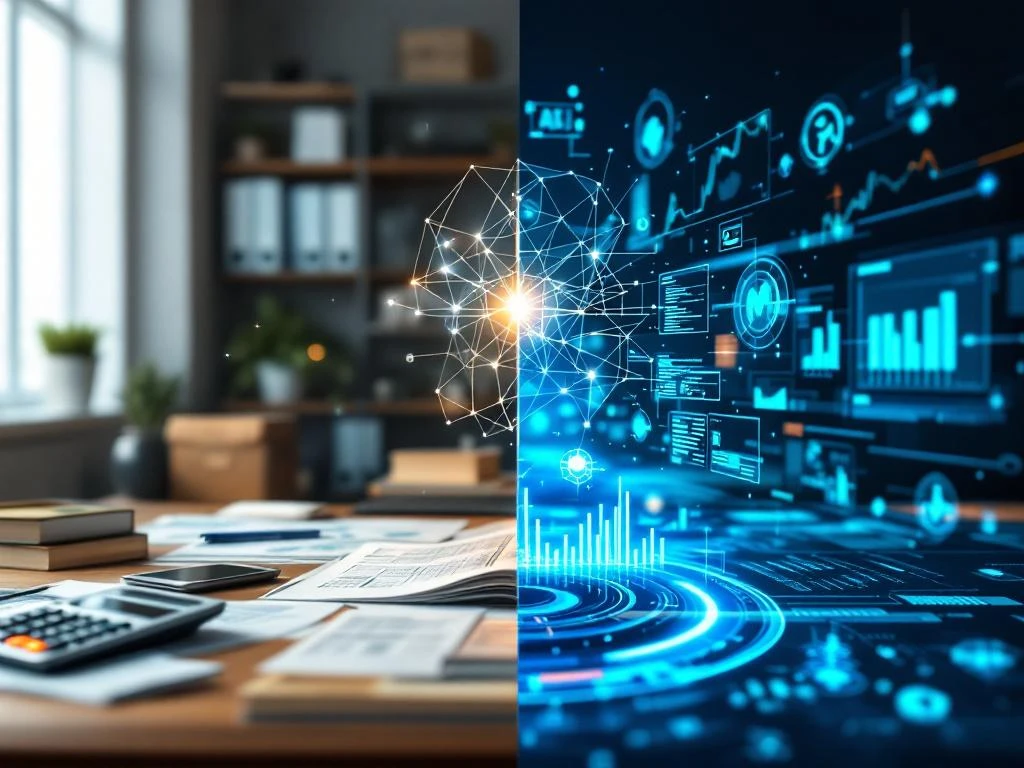 Split-screen toont transformatie van traditionele financiële werkplek naar AI-gedreven omgeving met digitale interfaces