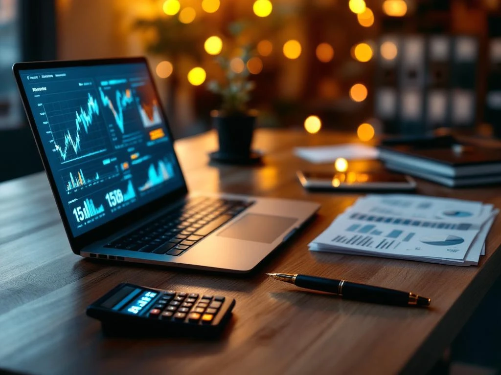 Moderne werkplek met laptop met financiële grafieken, rekenmachine en documenten op houten bureau