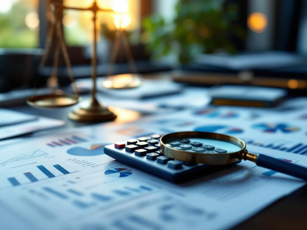 Financiële werkplek met rekenmachine, spreadsheets, grafieken en vergrootglas op bureau met weegschaal op achtergrond
