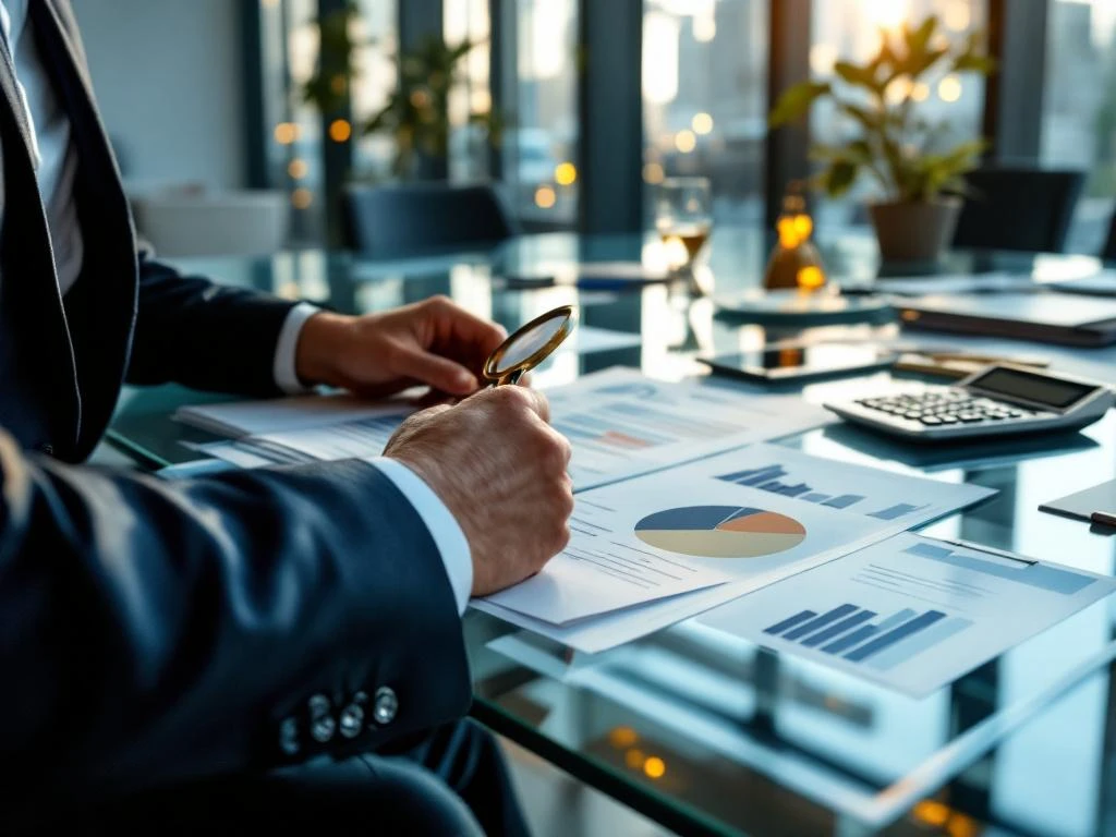 Professionele handen onderzoeken financiële documenten met vergrootglas aan moderne vergadertafel in kantoor