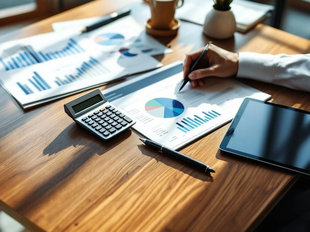 Moderne kantoorwerkplek van bovenaf met rekenmachine, financiële documenten, tablet met spreadsheets en pen op houten bureau