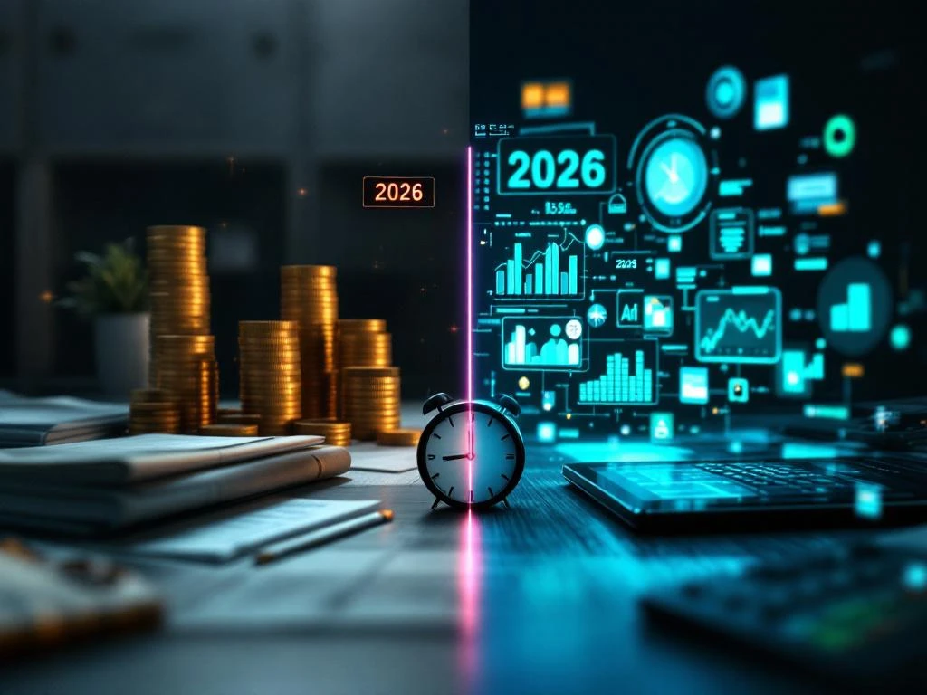 Evolutie van financiële controle: traditionele rekenmachines en boeken links, moderne AI-interfaces en holografische data rechts
