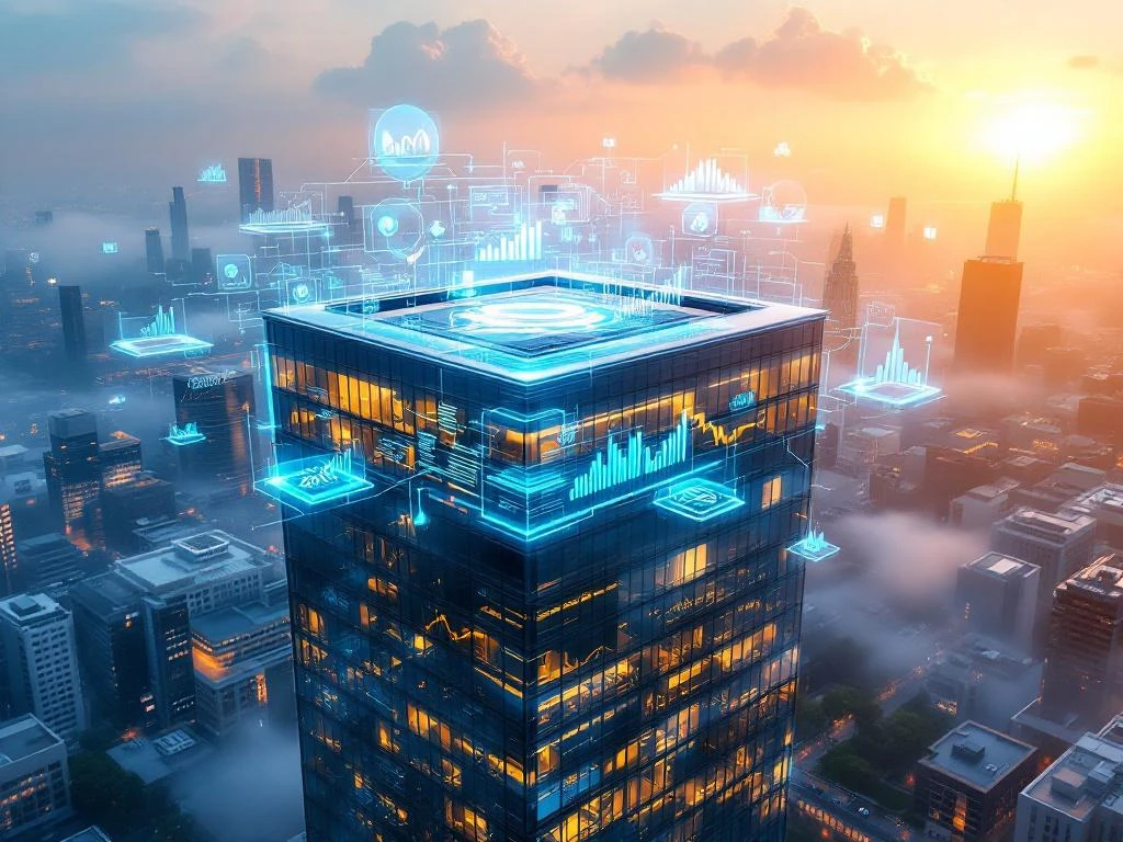 Luchtfoto van modern glazen kantoorgebouw met holografische financiële grafieken en digitale datastromen in gouden uurtje