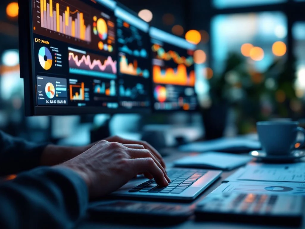 Handen typen op laptop toetsenbord met ERP systemen en financiële dashboards op meerdere monitoren in moderne kantooromgeving