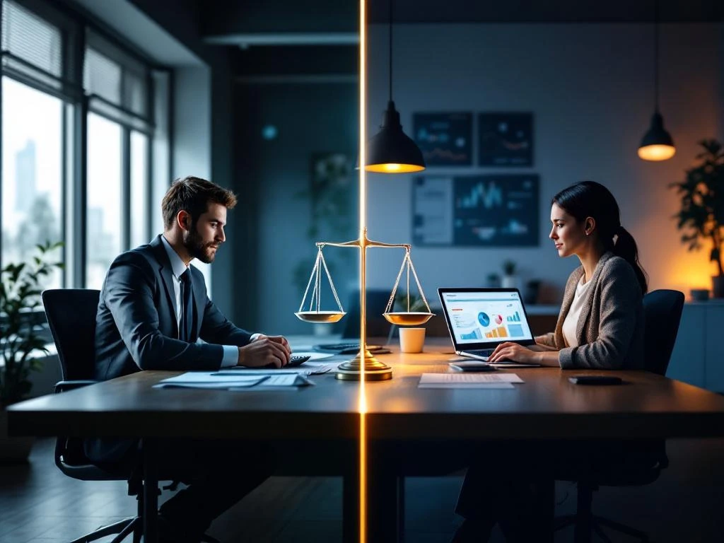 Gesplitst scherm met moderne kantooromgevingen: links financieel controller, rechts thuiskantoor met laptop en dashboards
