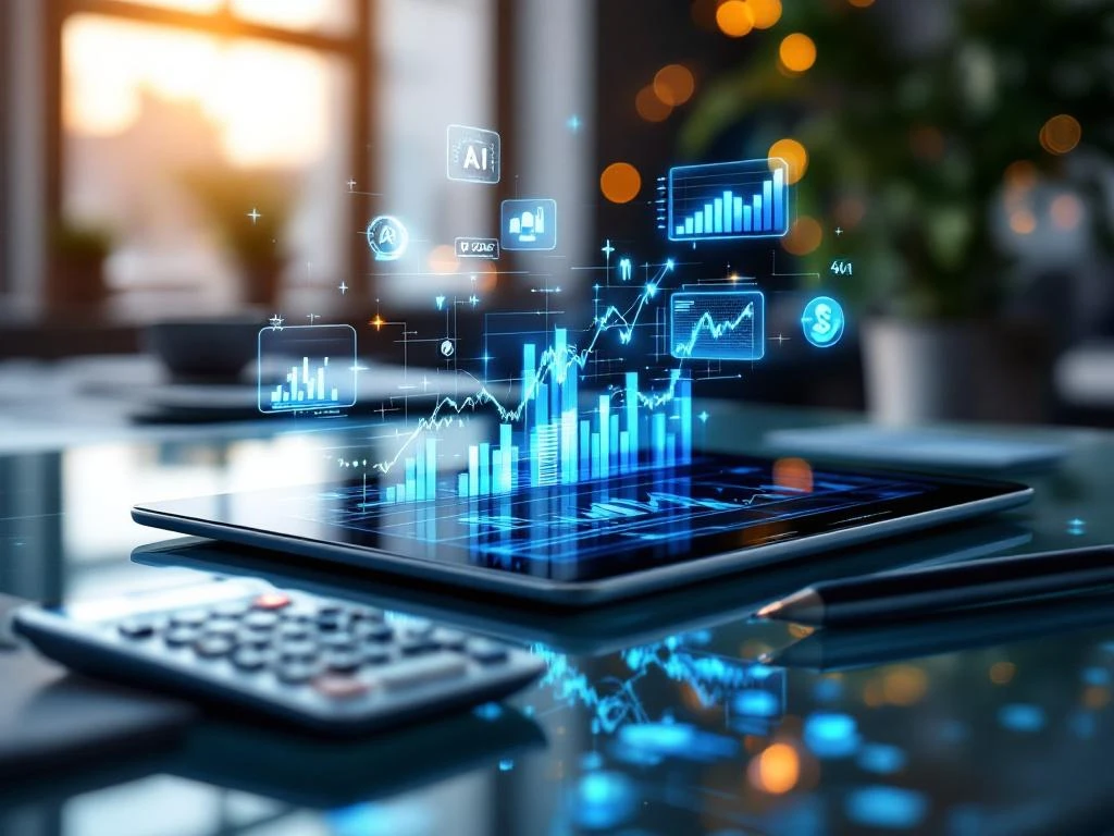 Tablet met financiële grafieken en holografische AI-iconen op glazen bureau in moderne kantooromgeving